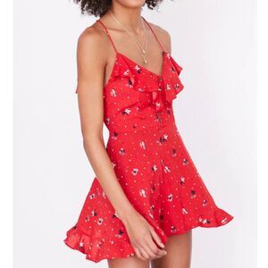 Urban Outfitters Kimchi Blue Women Red Floral Romper Size 6 Ruffle Hem Ditsy